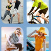 Vier Bilder von Personen, die Mehrfach-Armwärmer zum Sport und als Sonnenschutz bei verschiedenen Outdoor-Aktivitäten tragen.