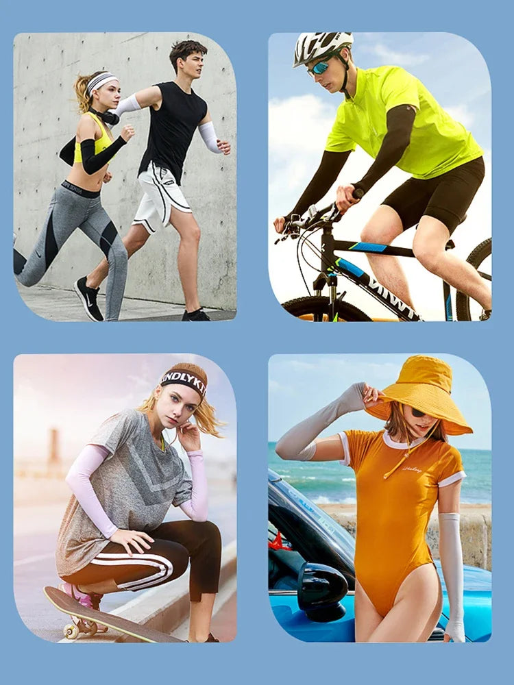 Vier Bilder von Personen, die Mehrfach-Armwärmer zum Sport und als Sonnenschutz bei verschiedenen Outdoor-Aktivitäten tragen.