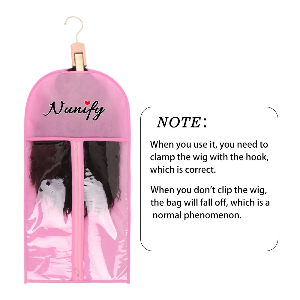 Pink storage bag with a hook for holding wigs and hair extensions
