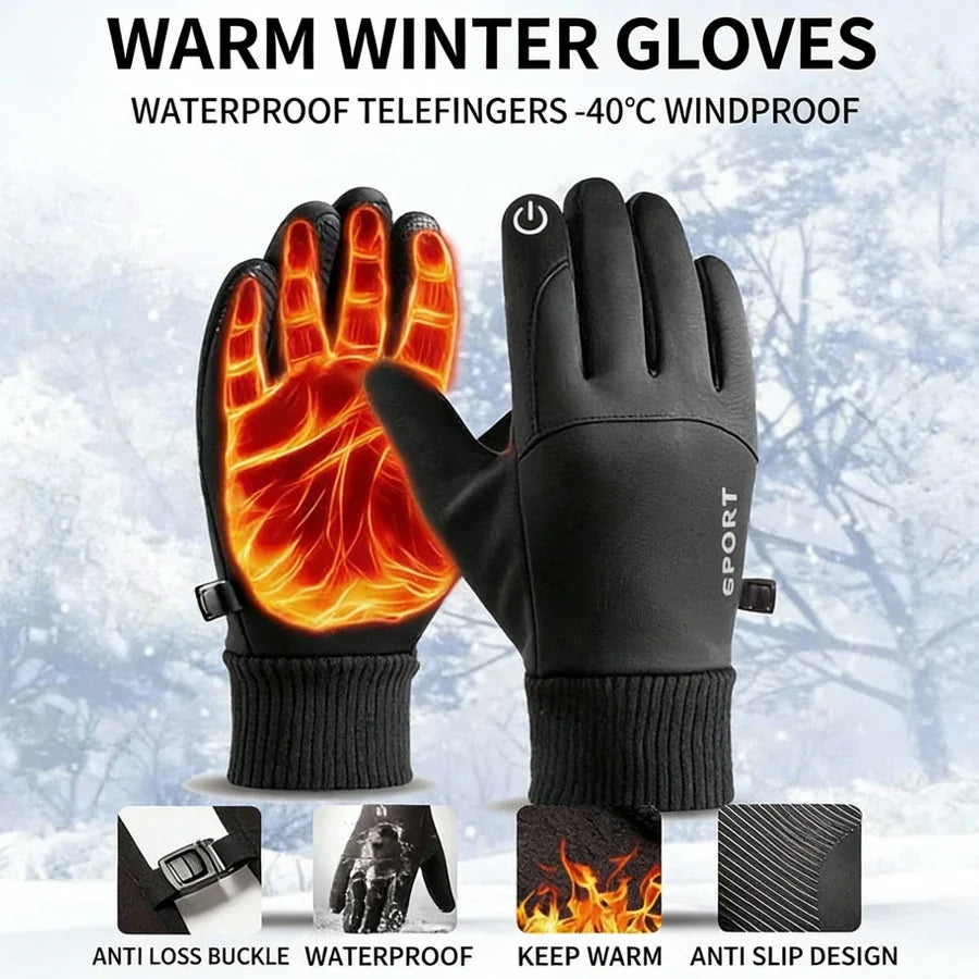 A pair of black waterproof telefingers gloves shown next to features like an anti-loss buckle and anti-slip design.