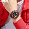 A close-up of a red wrist wearing a black digital wristwatch with a red bezel and dark face.