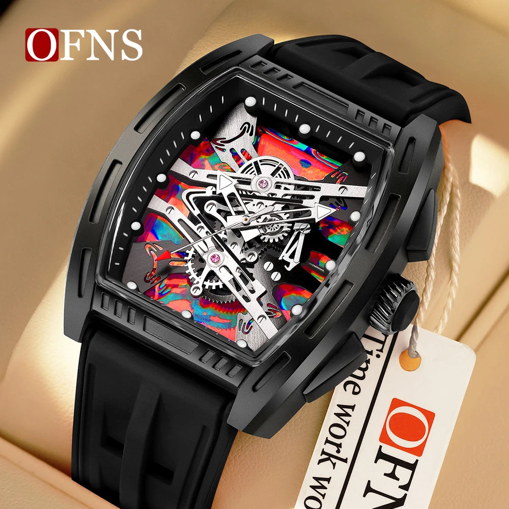 A black luxury wine barrel quartz watch with a dark face and textured strap is displayed on a light background.