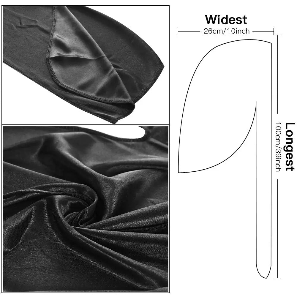 Black silky durag shower cap bandana shown in various folds and a flat layout with dimensions.