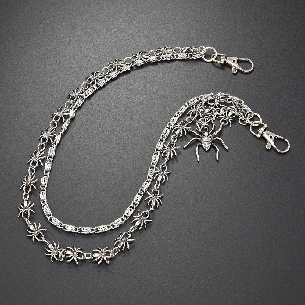 Silver double-layer waist chain accessory featuring a dragonfly and a spider charm