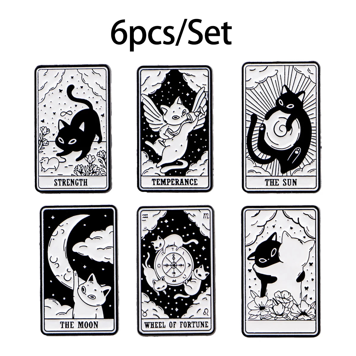 A set of six tarot-style cards featuring various animal figures and celestial symbols like The Sun, The Moon, and the Wheel o