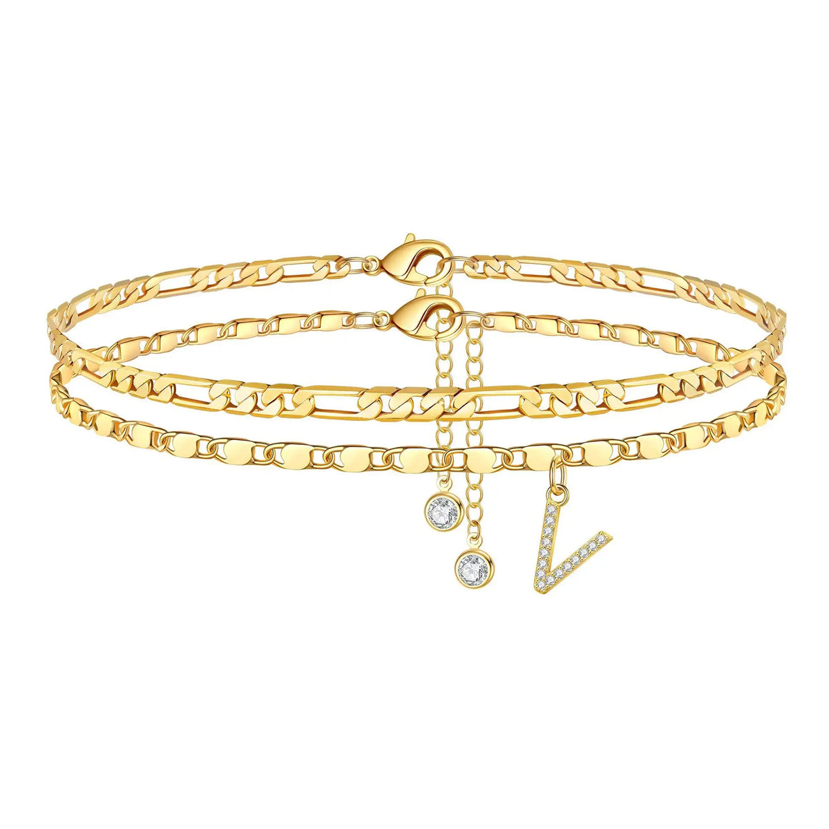 Gold plated initial letter anklets featuring a chain and a dangling letter charm