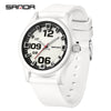 A white classic quartz fashion watch with a black dial and silver accents on a white silicone strap.