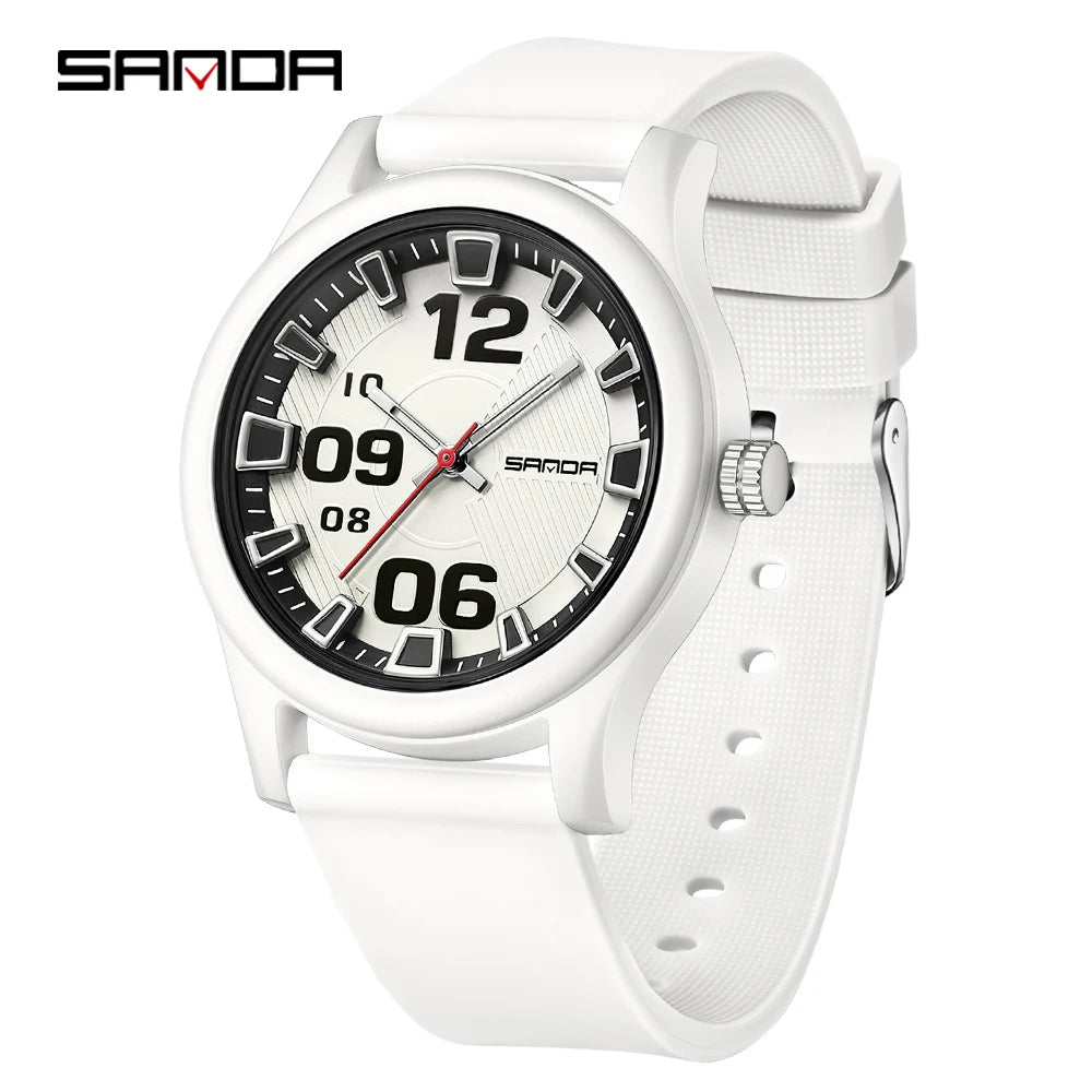 A white classic quartz fashion watch with a black dial and silver accents on a white silicone strap.