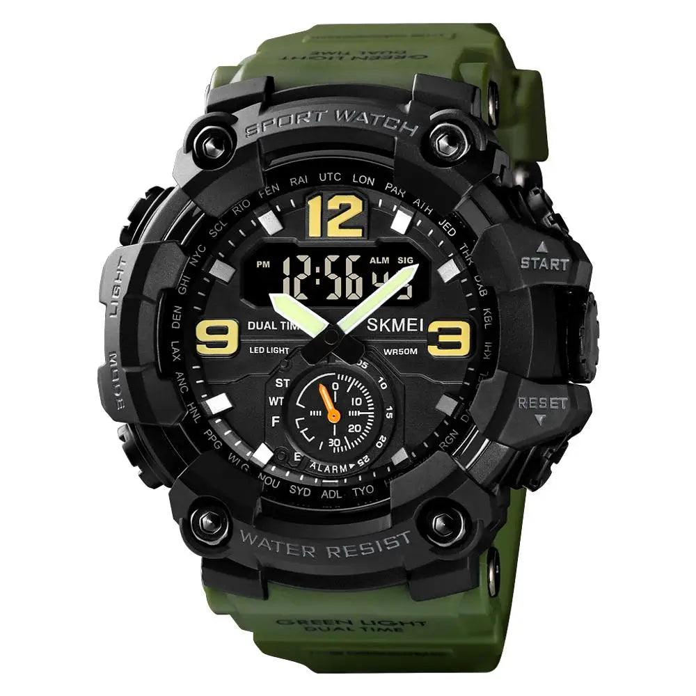 Montre sportive numérique vert foncé avec boîtier noir et accents dorés, affichant 12:56:43.