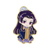 A lapel pin featuring a cute anime character with long purple hair and purple eyes.