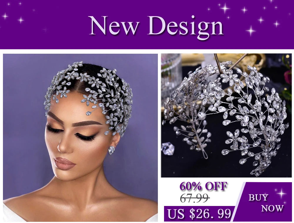 Nahaufnahme eines Models mit einem funkelnden Kristall-Rhinestone-Brautkranz mit aufwendigen floralen Details.