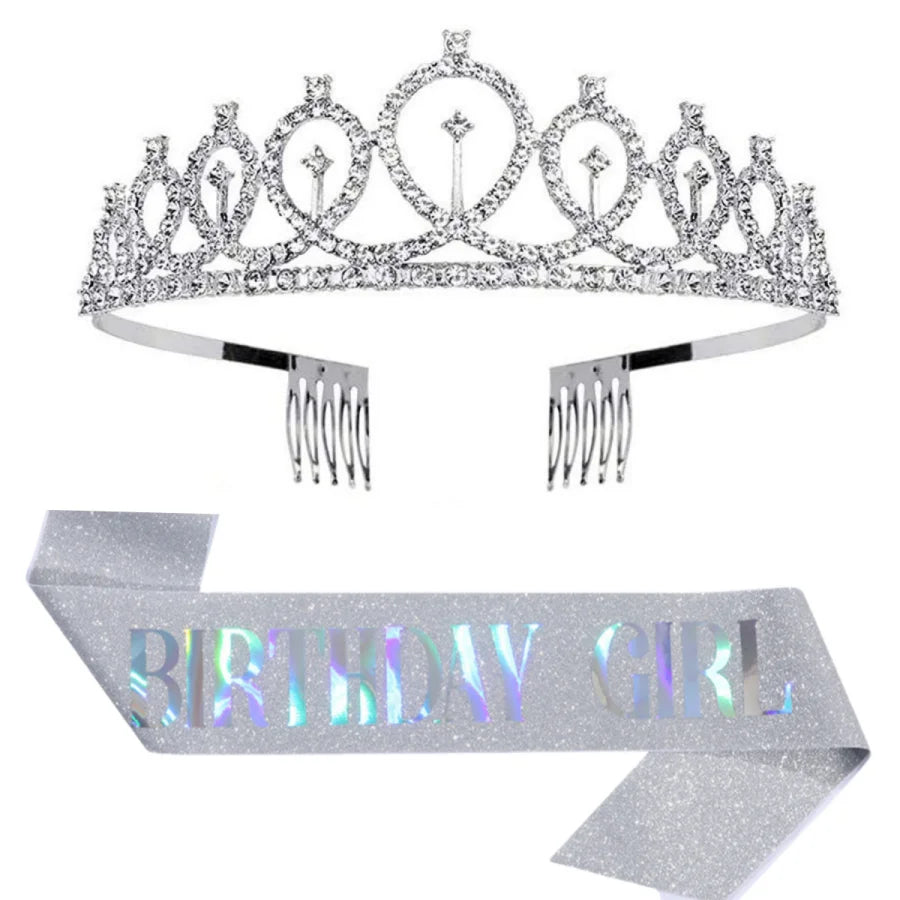 A sparkling silver tiara crown and a matching glittery birthday girl sash.
