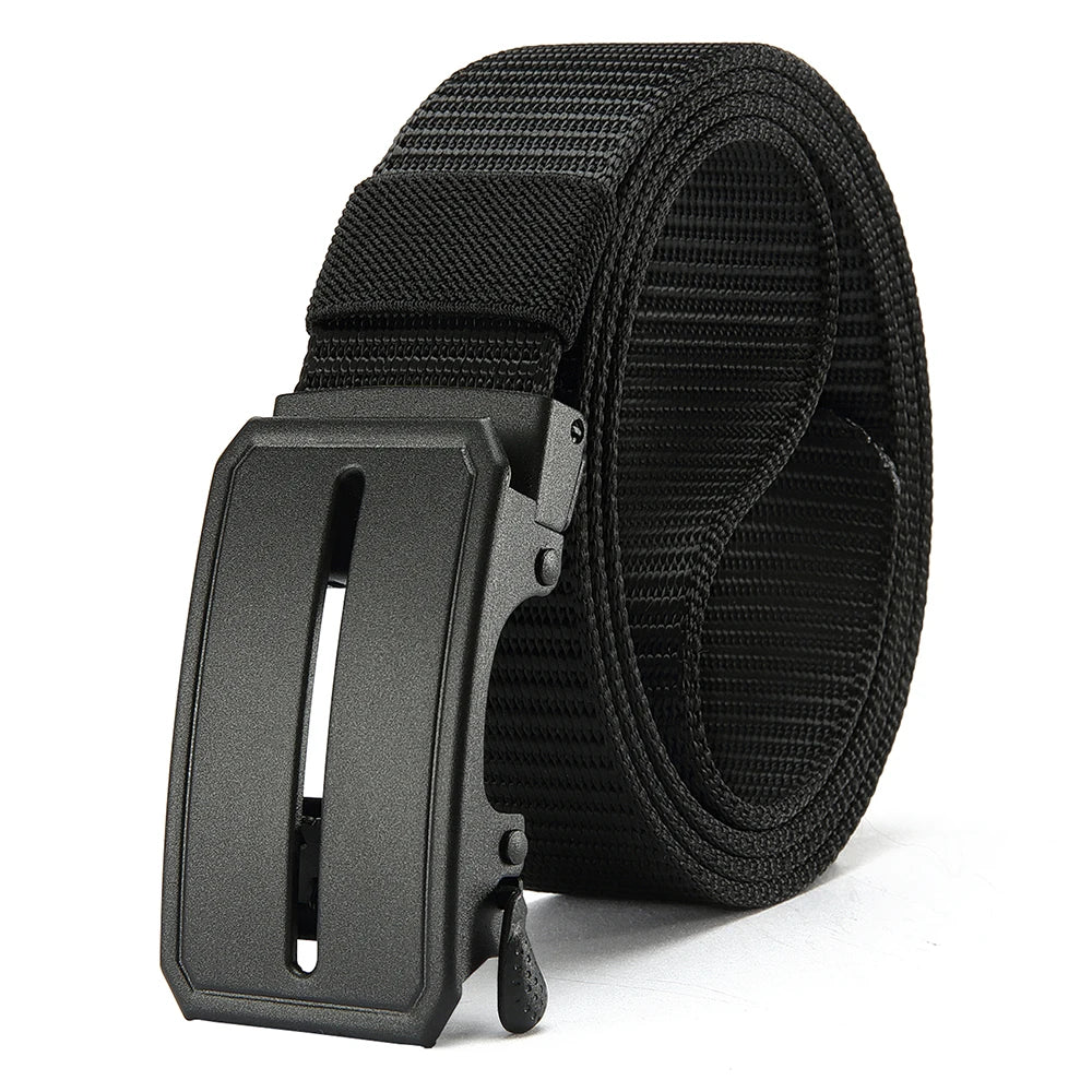 Black tactical canvas utility belt with a buckle and woven strap shown from the side.