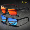 Two pairs of vintage check pattern sunglasses, one red mirror and one ice blue mirror.