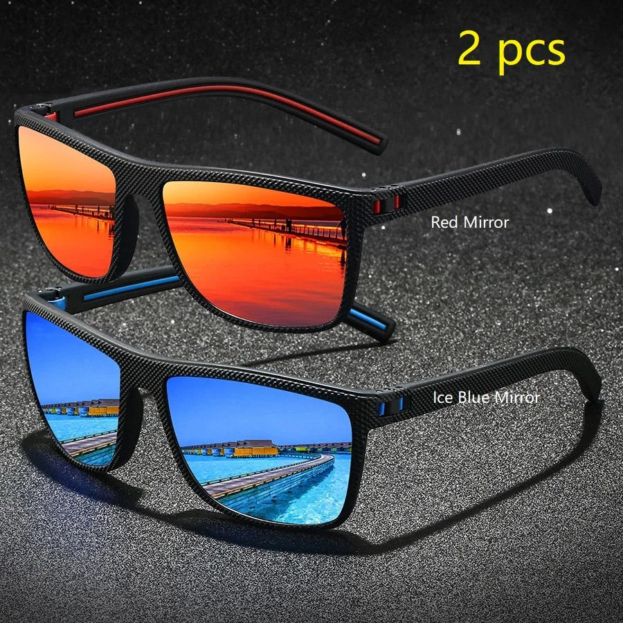Two pairs of vintage check pattern sunglasses, one red mirror and one ice blue mirror.