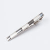 Silver metal tie clip for men's neckties, shown in a close-up view.