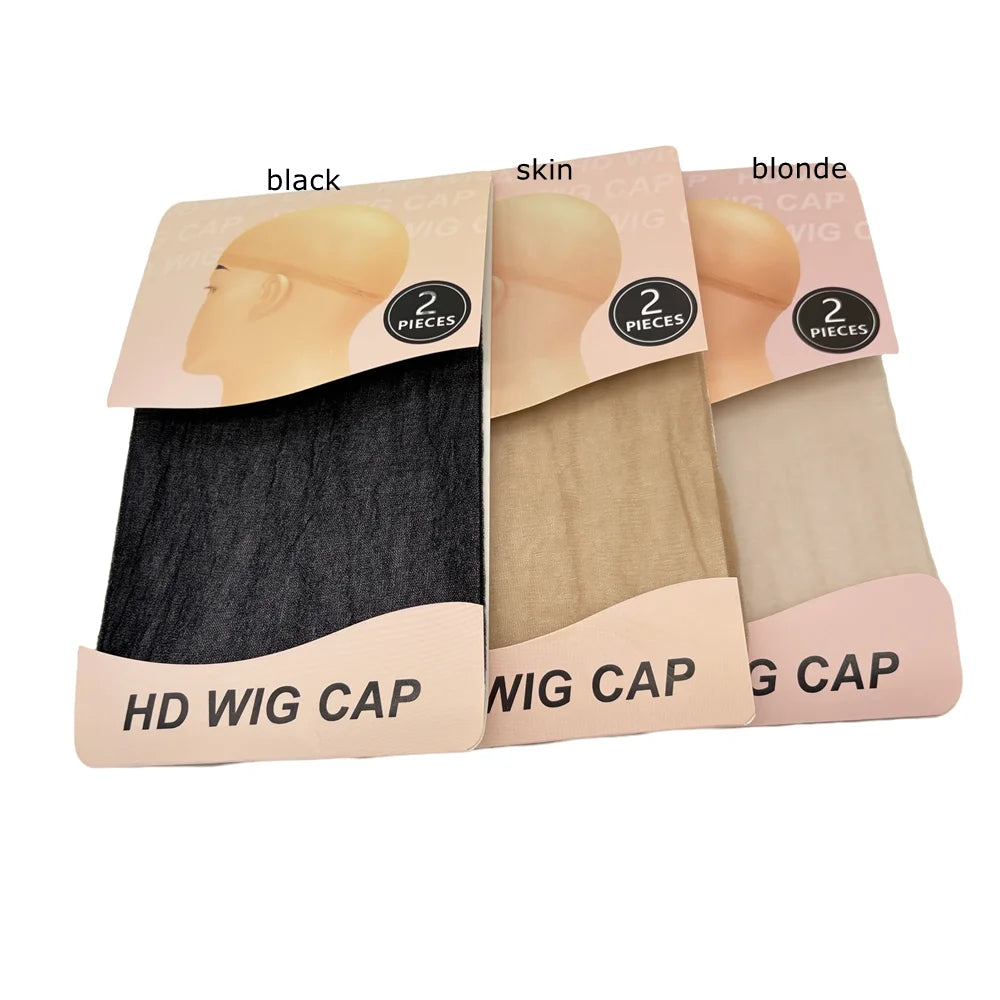 Three shades of invisible sheer wig caps for HD wigs: black, skin, and blonde.