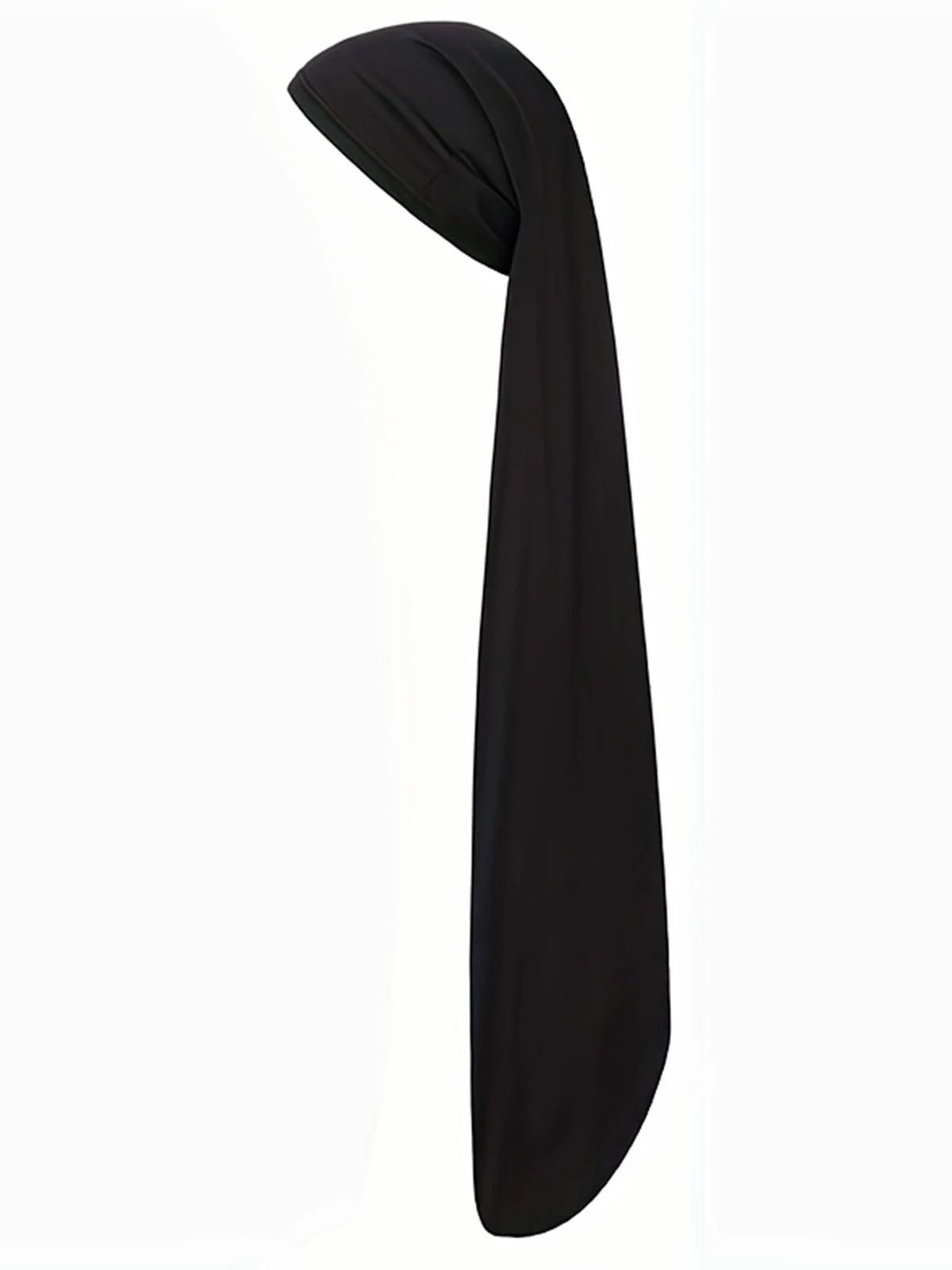 Black jumbo dreadlock cap made of soft knit fabric, shown in a vertical drape.
