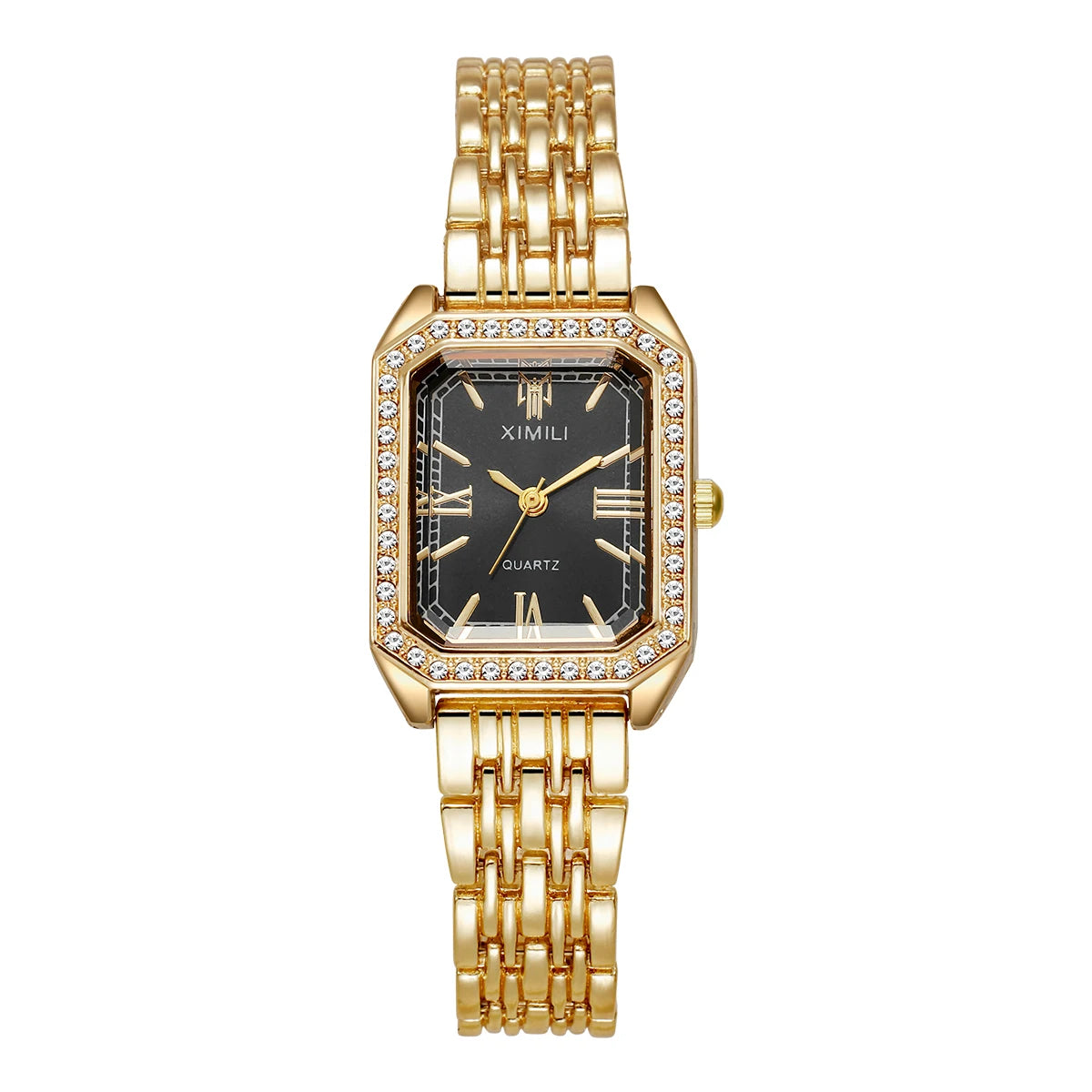 Reloj de cuarzo dorado con esfera negra, manecillas plateadas y detalles de diamantes en bisel y pulsera.