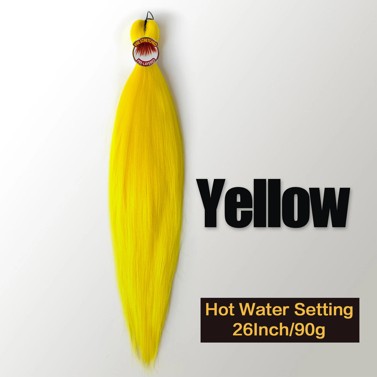 A bright yellow pre-stretched Kanekalon braiding hair extension displayed against a white background.