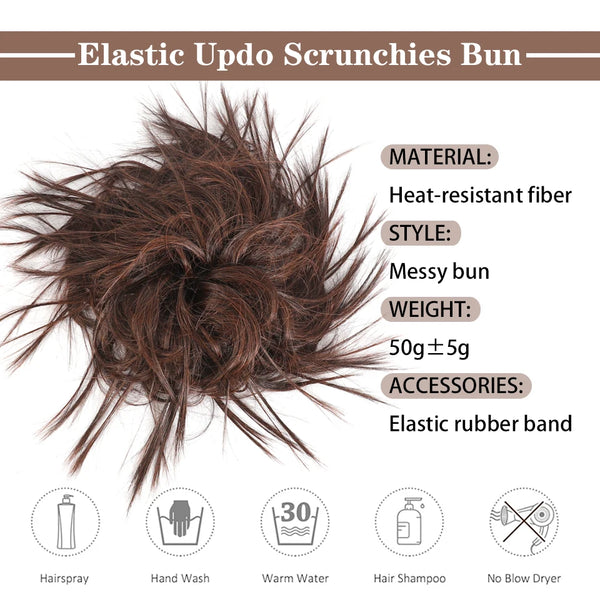 A bundle of dark brown elastic scrunchies with a messy bun style and an elastic rubber band accessory.