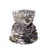 A patterned multi-use sun protection head scarf featuring shades of olive green, gray, and black in a geometric design.