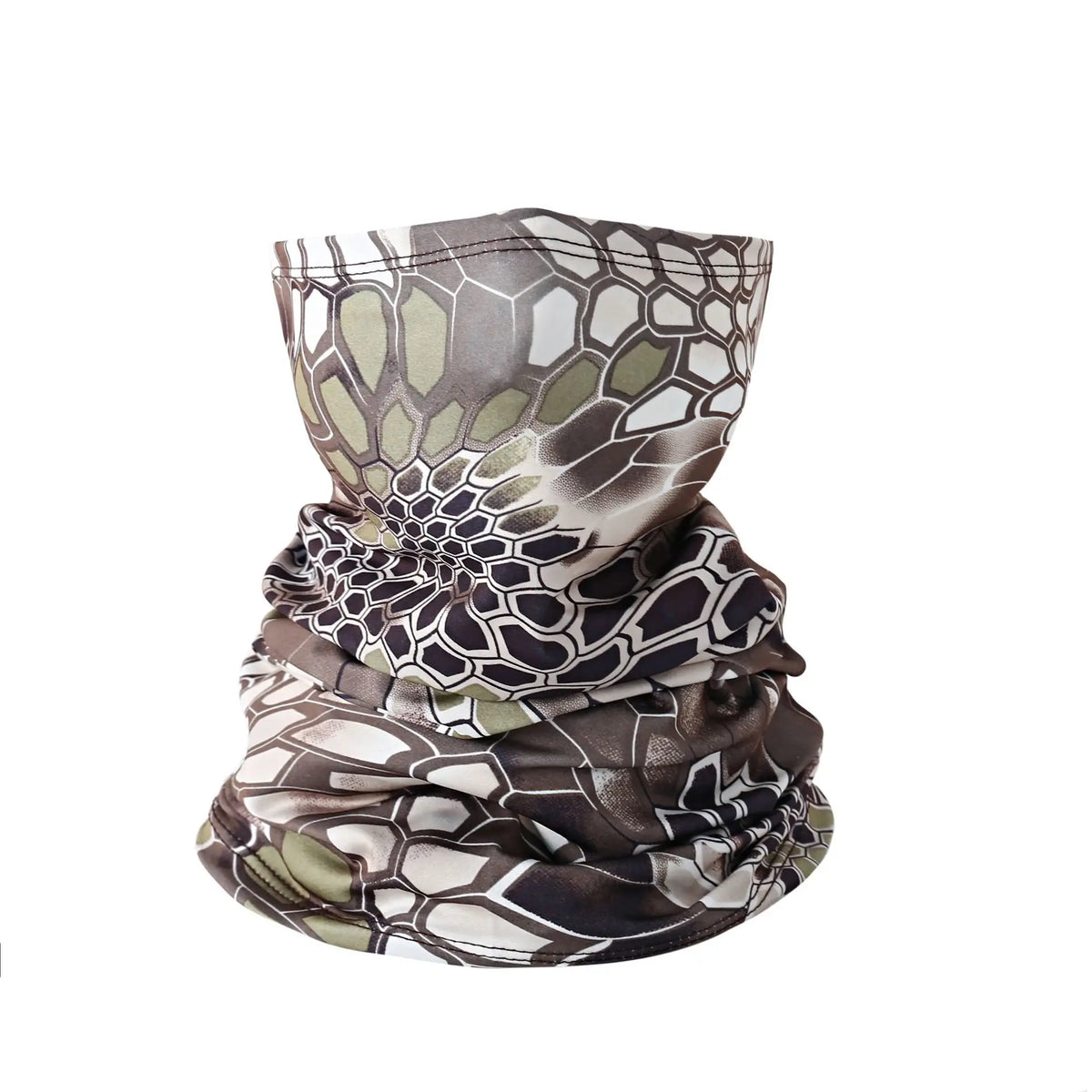 A patterned multi-use sun protection head scarf featuring shades of olive green, gray, and black in a geometric design.