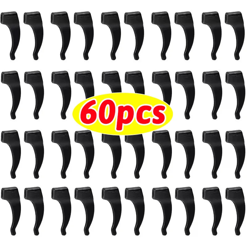 A set of silicone anti-slip ear hooks for eyeglasses, shown in various colors and angles.
