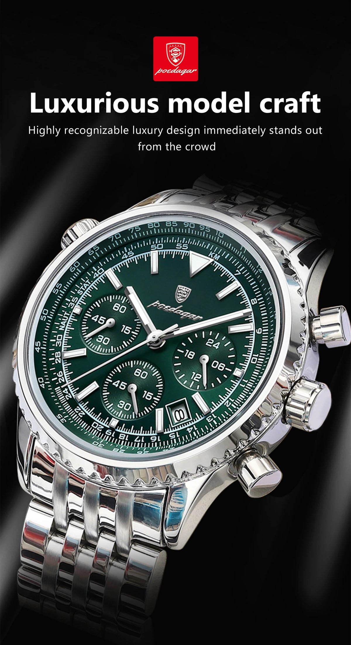 Primer plano de un reloj cronógrafo de lujo de hombre plateado con esfera verde y pulsera de acero inoxidable.