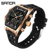 Schwarze und roségoldene Herren-Chronographen-Armbanduhr mit schwarzem Armband.