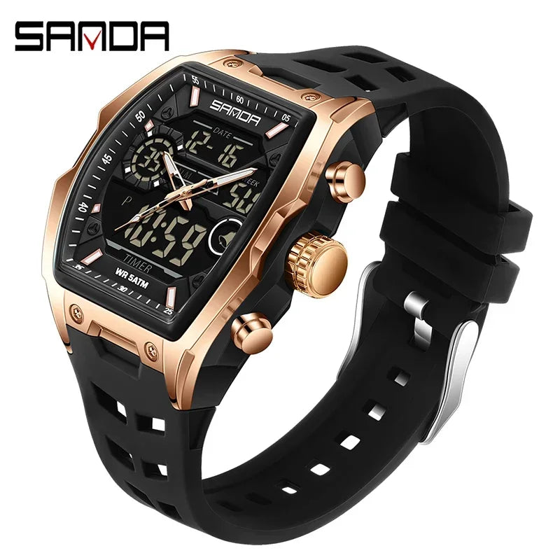 Schwarze und roségoldene Herren-Chronographen-Armbanduhr mit schwarzem Armband.