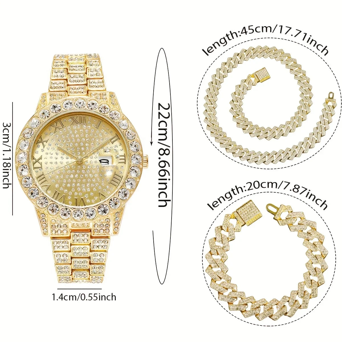 Ensemble de bijoux en chaîne cubaine dorée, comprenant une montre et deux colliers avec des accents de diamant.