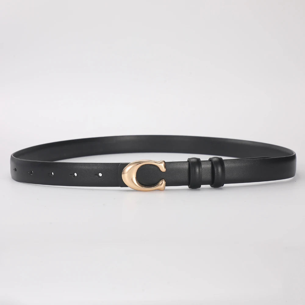 Black smooth double-sided belt with a gold C-shaped buckle.