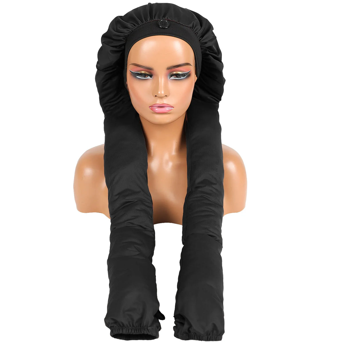 A black long hair sleeping bonnet set worn by a model.