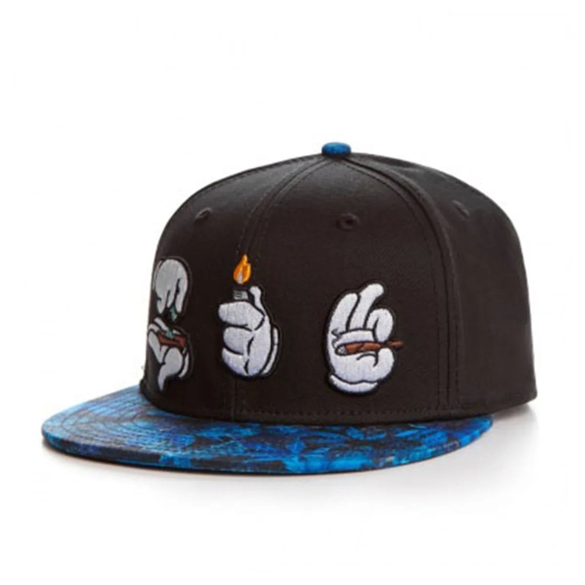 Black snapback cap featuring white hand gestures and an orange flame design on the front.