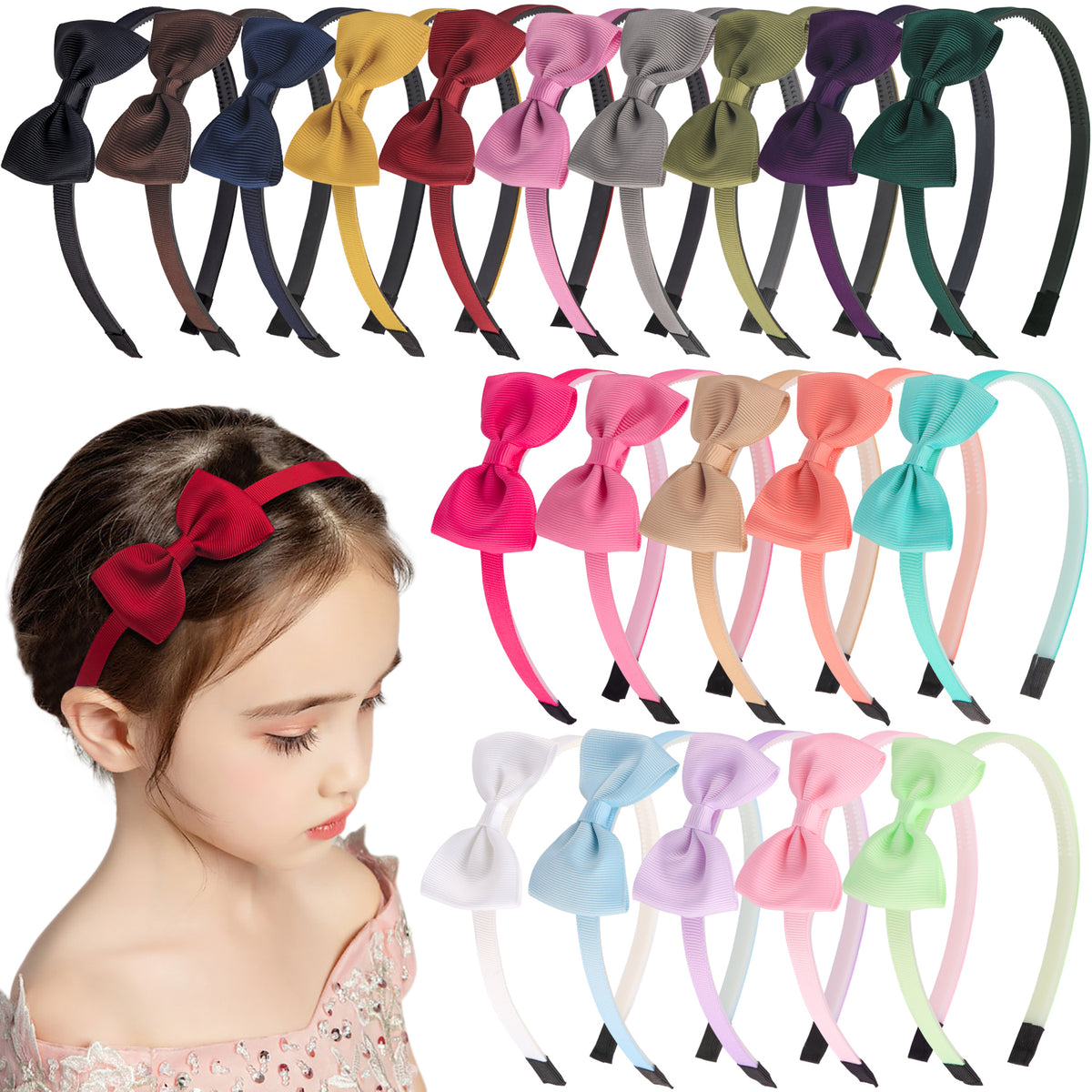A collection of decorative grosgrain ribbon hair bows in various colors and shades displayed alongside a girl's hair.