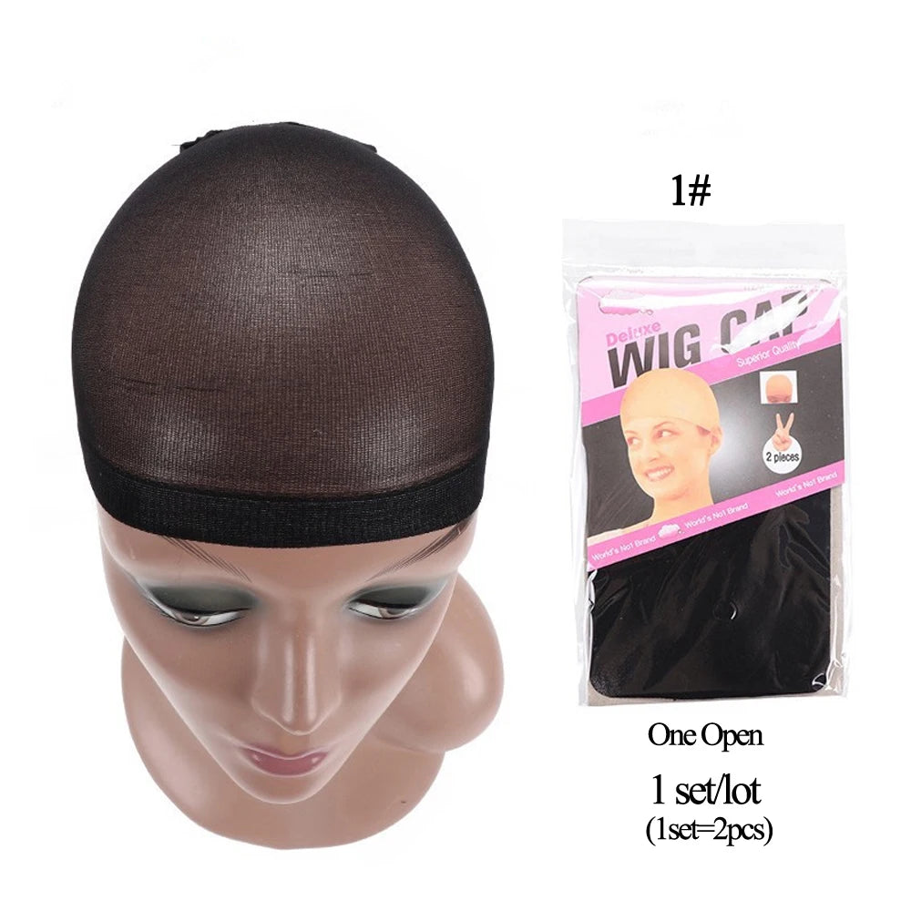 A black wig cap is shown on a mannequin head, packaged with instructions and accessories.