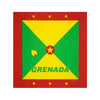 Quadratische Flaggen-Design mit gelbem Kreuz auf grünem Feld mit roten Bordern und Sternen, beschriftet mit GRENADA.