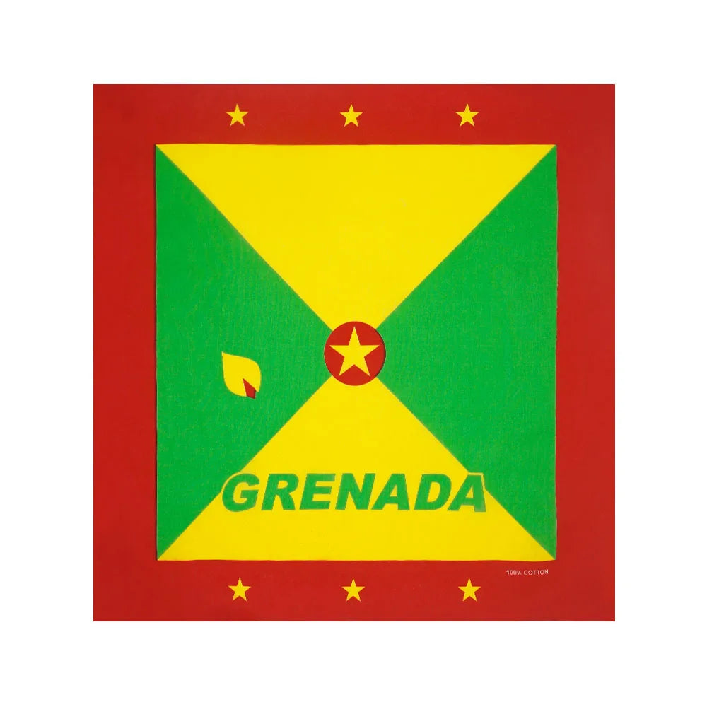 Quadratische Flaggen-Design mit gelbem Kreuz auf grünem Feld mit roten Bordern und Sternen, beschriftet mit GRENADA.