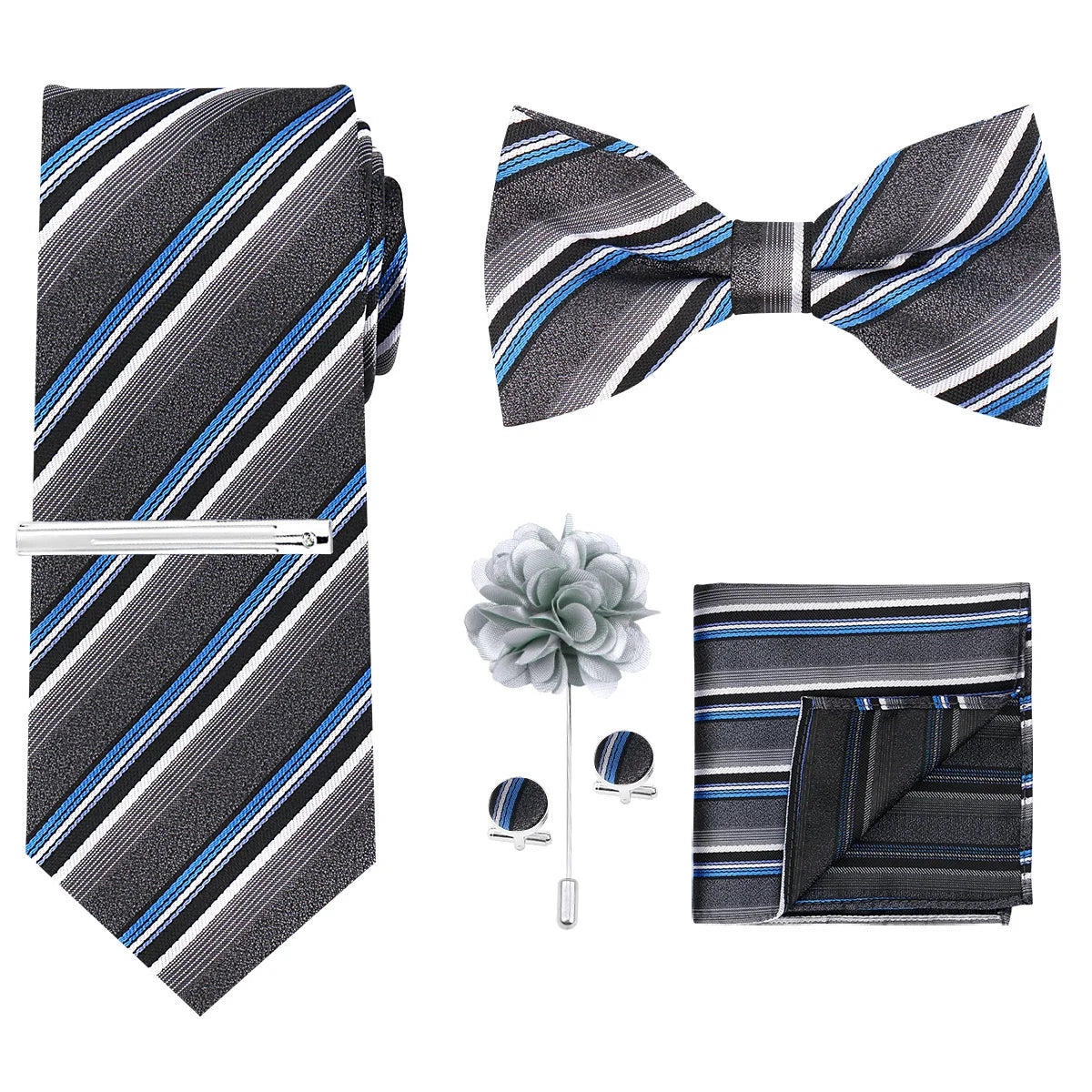 A set of men's formal tie and accessory featuring a striped tie, bow tie, and pocket square.
