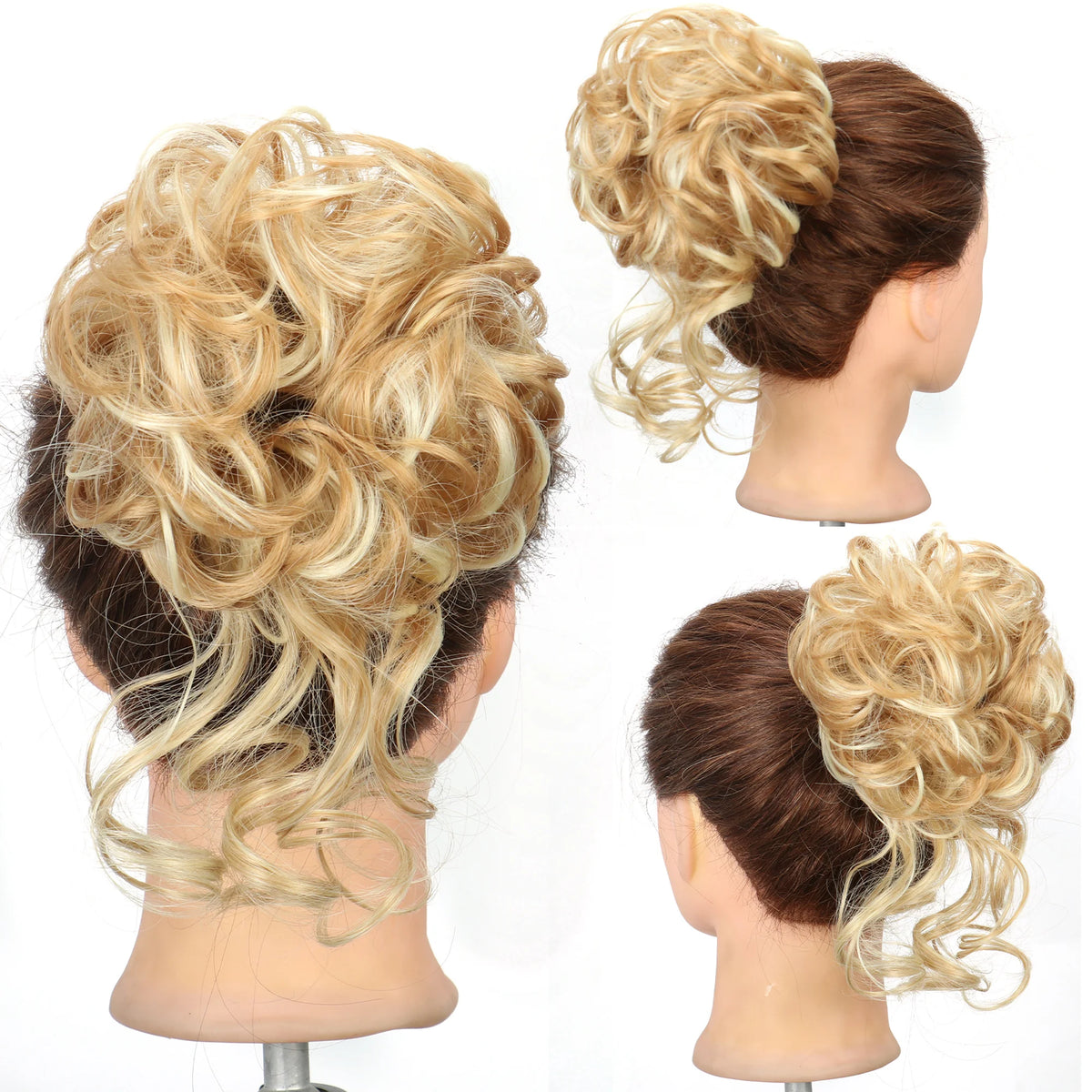 A woman's hair styled in a voluminous blonde curly updo with a messy bun and long flowing curls.