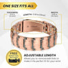 A copper magnetic bracelet shown on a wrist, highlighting its thickness, length, and adjustable sizing feature.
