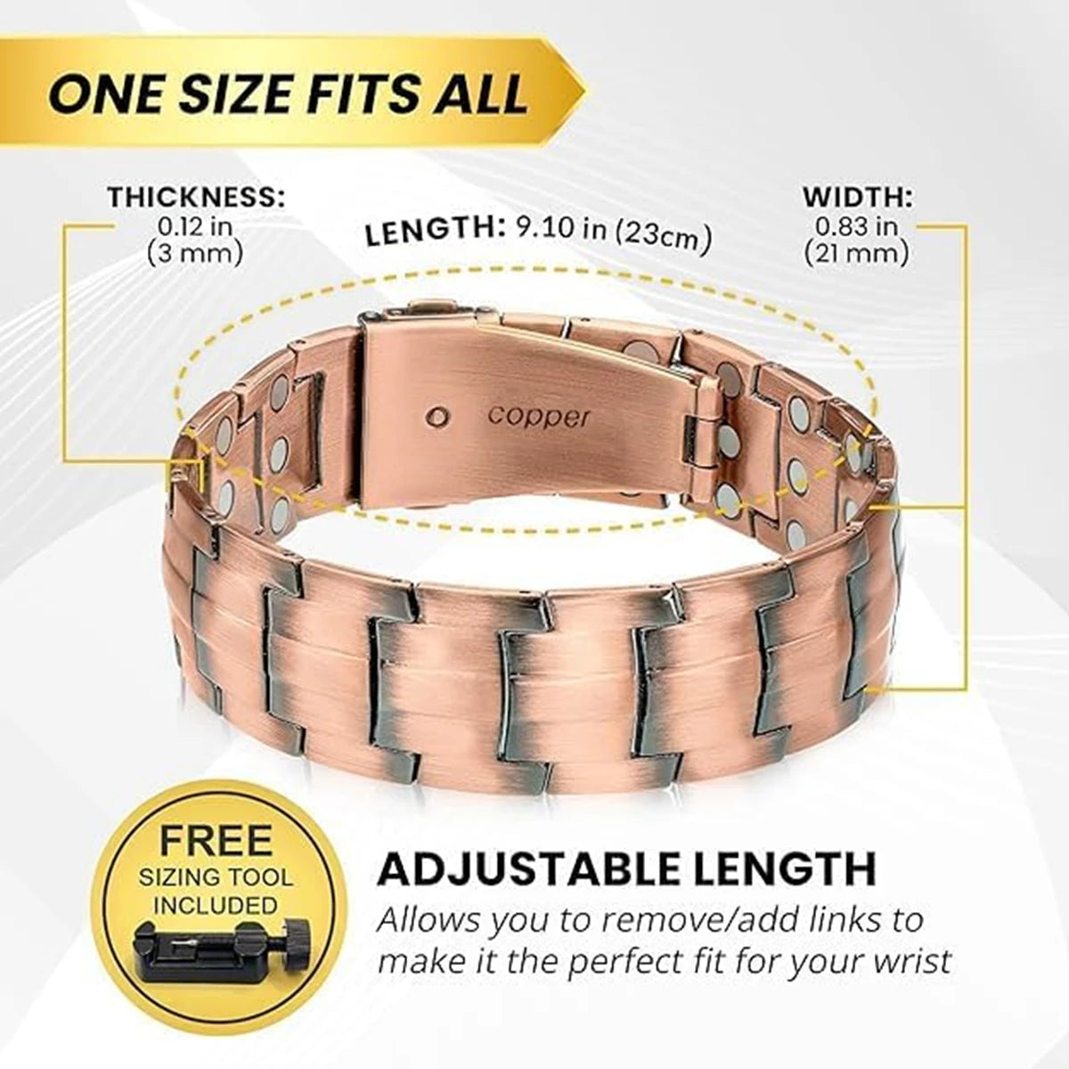 A copper magnetic bracelet shown on a wrist, highlighting its thickness, length, and adjustable sizing feature.
