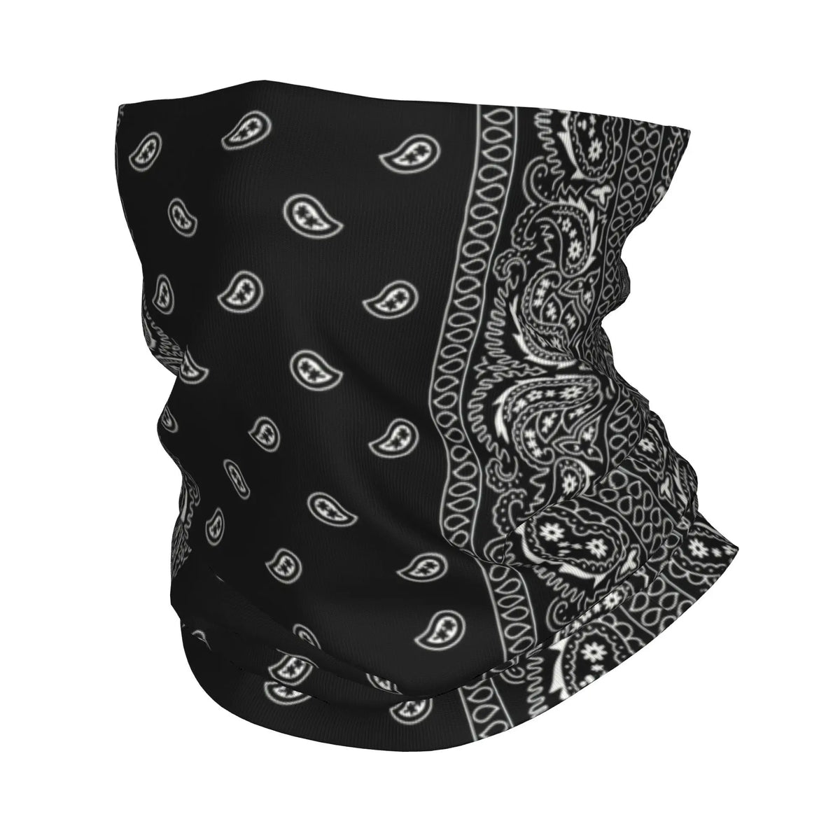 Bandana de cuello negro estilo chicano con intrincados patrones y bordes blancos