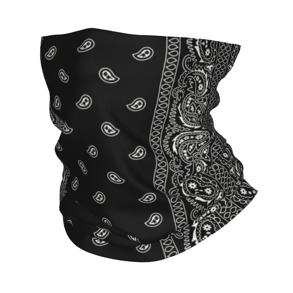 Black paisley chicano style bandana neck gaiter featuring intricate white patterns and borders