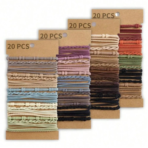 Assortment of brown and beige boho elastic hair ties packaged in individual 20-piece boxes.