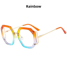 Montura de gafas con colores arcoíris y detalles naranja y púrpura