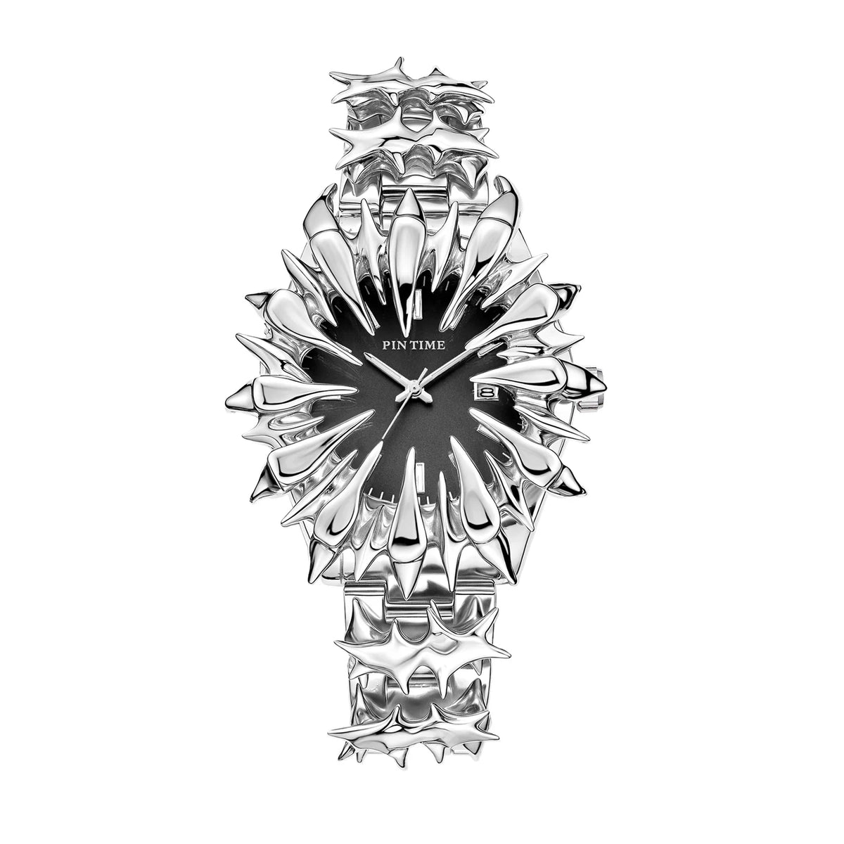Silver quartz wristwatch featuring an intricate dragon scale design on the face and casing.