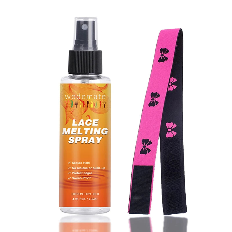 A bottle of Lace Melting Spray with a pink ribbon, showing the product for wig adhesion.