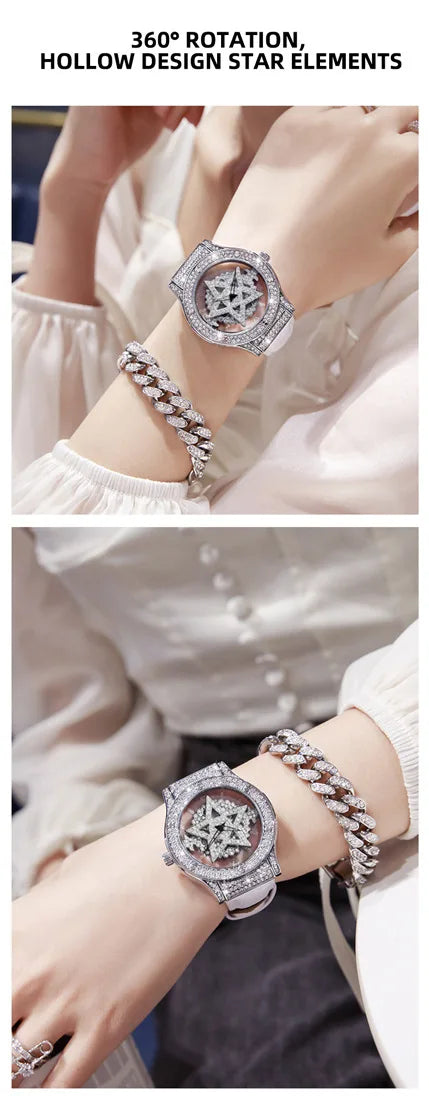 A close-up of a silver watch with a star design and a diamond bracelet on a woman's wrist.